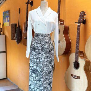 🖤 White Blouse + Tropical Jungle Print Pencil Skirt Set Two Piece Outfit 🌿